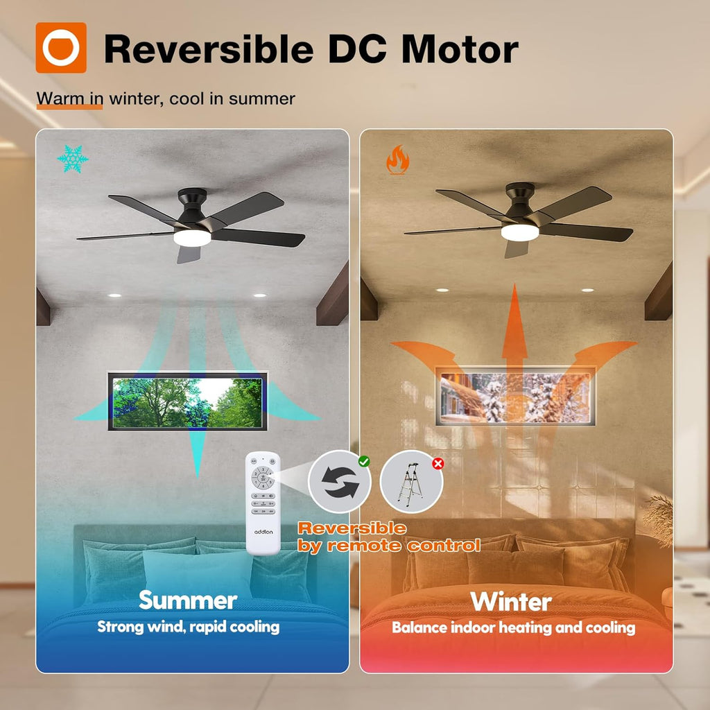 Ceiling Fans with Lights, 52 inch Low Profile Ceiling Fan with Light and Remote Control, Flush Mount, Reversible, 3CCT, Dimmable, Noiseless, Black Ceiling Fan for Bedroom, Indoor/Outdoor Use