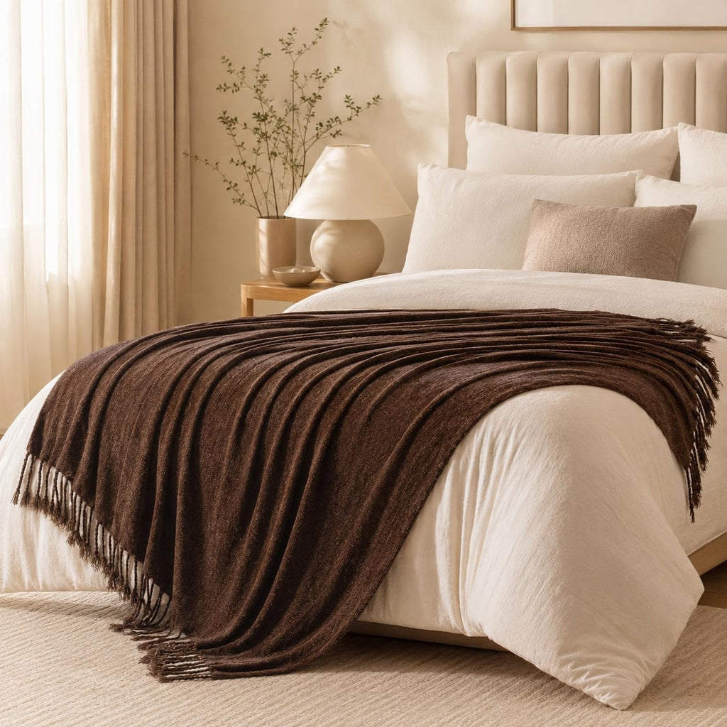 Brown Chenille Throw Blanket, Soft Cozy Textured Knit Throw Blanket with Handmade Fringe Tassels, Lightweight