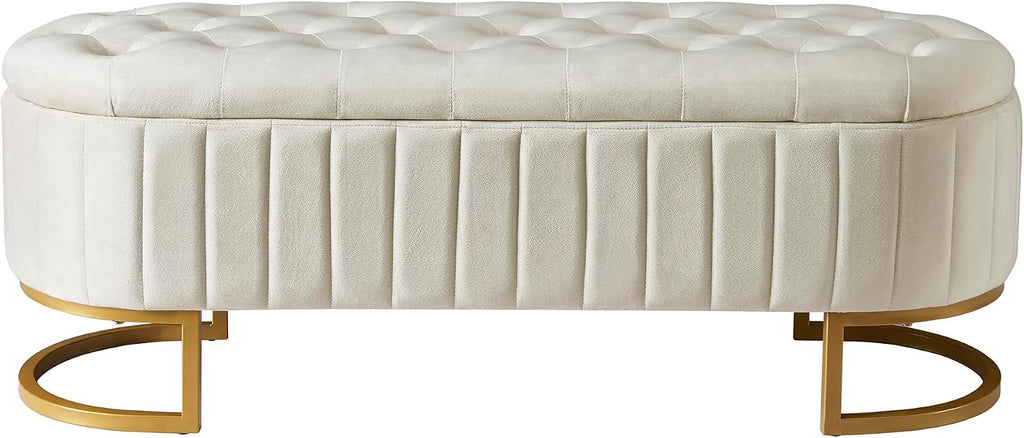 Elegant Upholstered Velvet Storage Ottoman with Button-Tufted,Storage Bench with Metal Legs ,Fully Assembled Except