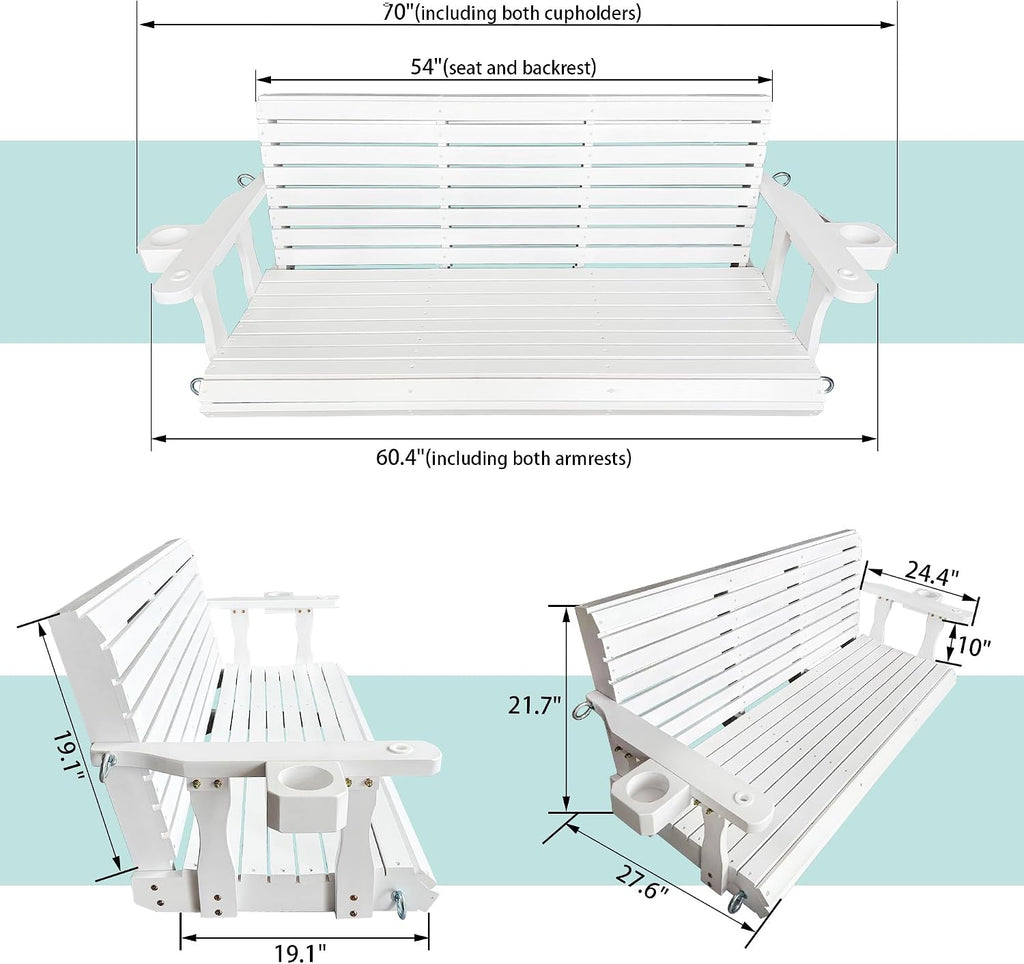 Wooden Porch Swing 3-Seater, High Backrest and Deep Seat, Bench Swing with Cupholders, Hanging Chains and 7mm