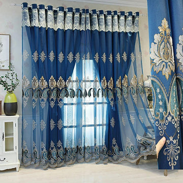 1 Pair European Double Layer Curtains with Valances for Living Room Bedroom Luxury Embroidered Curtains (Blue