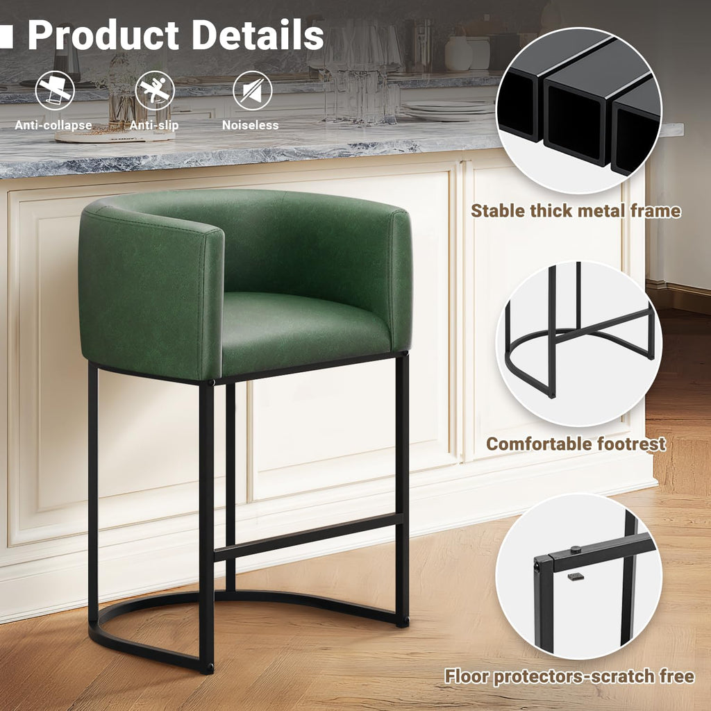26" H Counter Height Bar Stools Set of 4, Modern Barrel Counter Stools with Backrest and Arms, Faux Leather