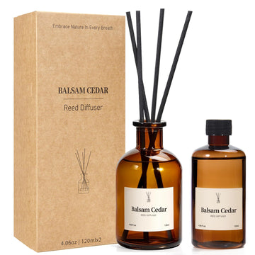 Balsam Cedar Reed Diffuser Set - Includes Reed Diffuser Sticks, 2 Pack Fragrance Oil and Glass Bottle, Reed Diffusers