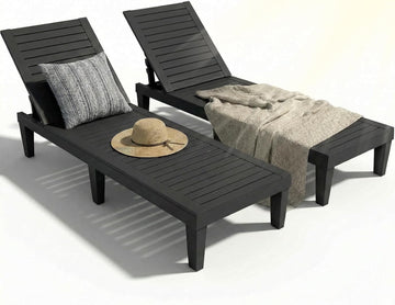 Lounge Chair Outdoor, Set of 2 High-Impact PP Tanning Chairs, Black | All-Weather UV-Resistant & Waterproof Patio