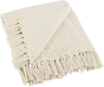 Modern Zig Zag Throw Blanket Woven Cotton, Hand-Knotted 2.5" Fringe, 50x60, Natural
