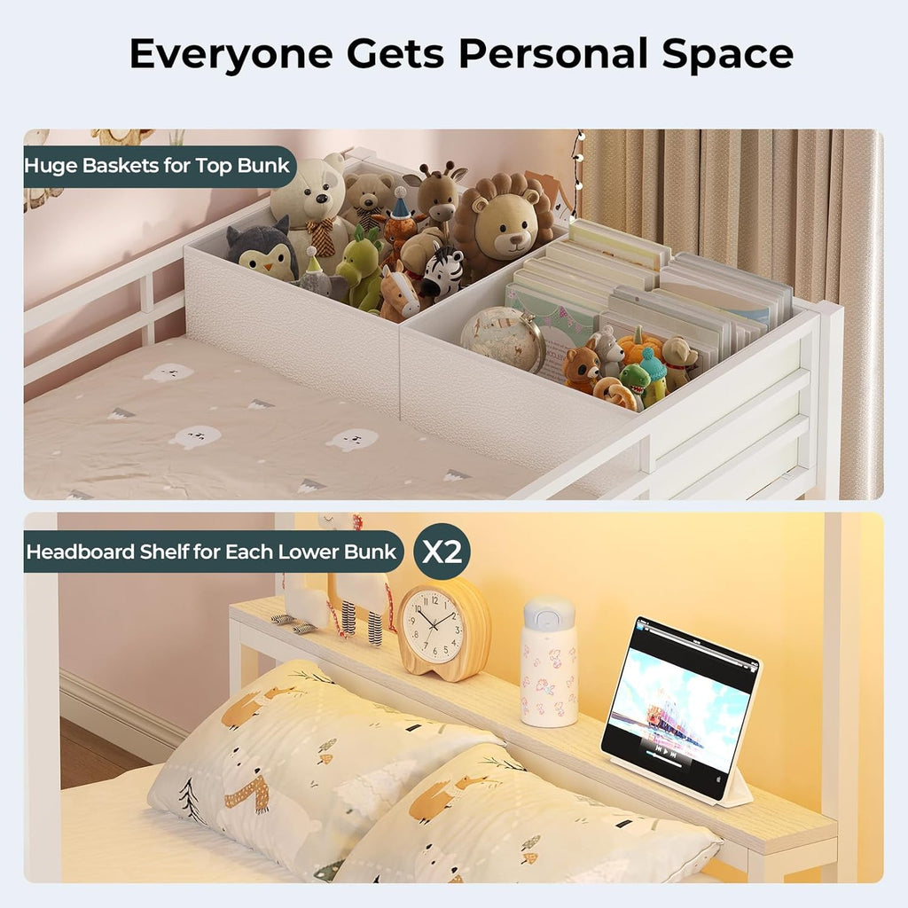 Triple Bunk Bed Twin Over Twin with Storage Staircase, RGB Lights & Power Outlets