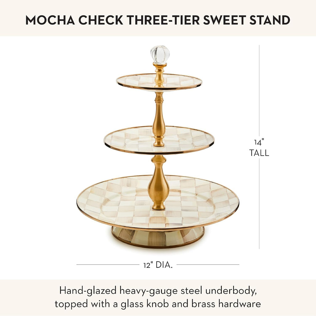Three-Tier Sweet Stand, Brown-and-White Mocha Check | Hand-painted design, made from enameled steel, three-tiered