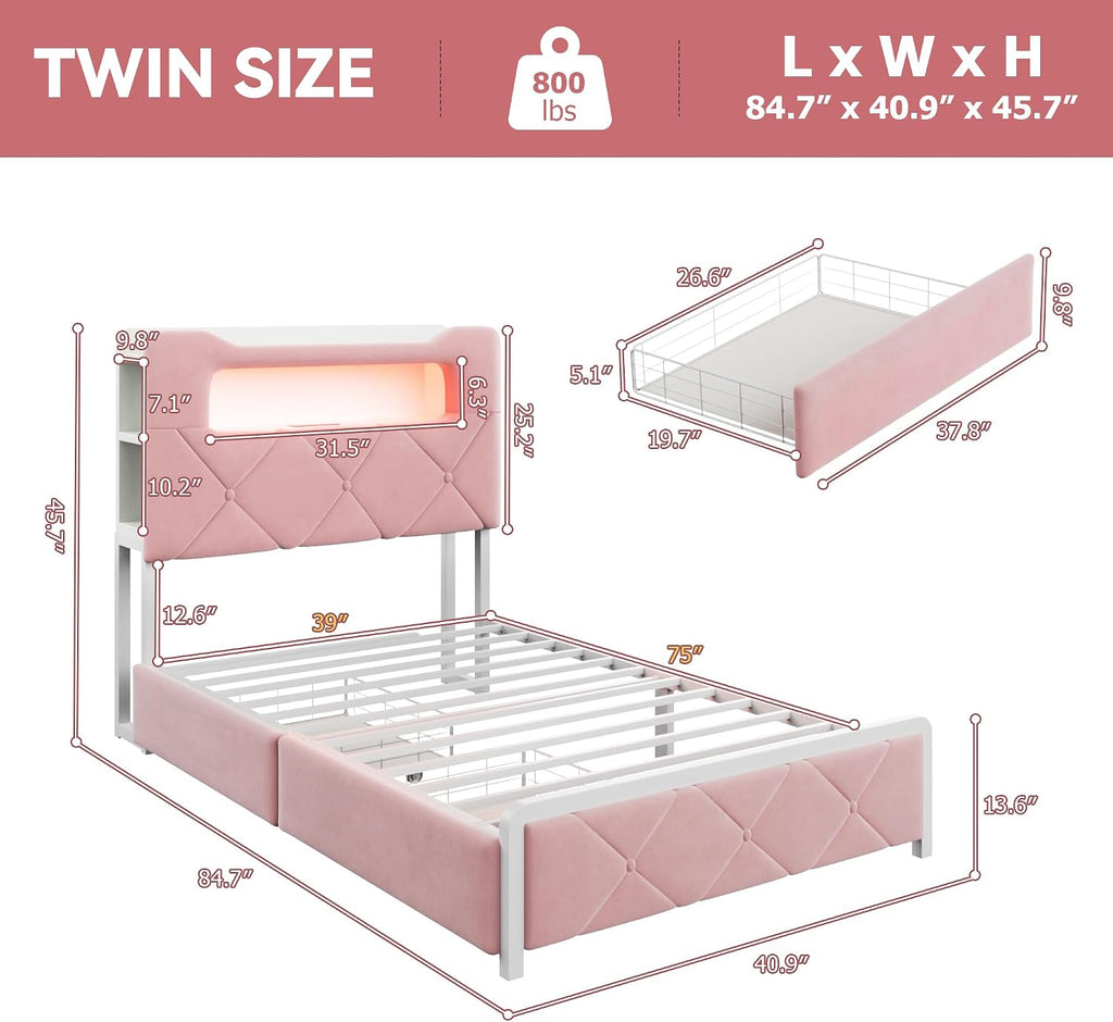 Twin Upholstered LED Bed Frame with 2 Storage Drawers and 2-Tier Storage Bookcase Headboard, Velvet Princess Platform