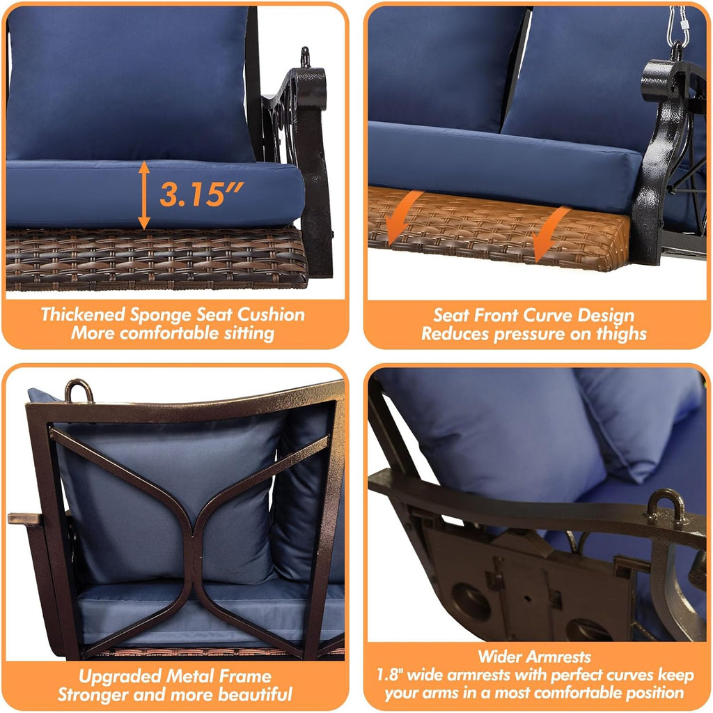 3-Person Wicker Porch Swing Chair Heavy Duty 900 LBS Outdoor Rattan Patio Swing Chair w/Cup-Holder & Steel Chains