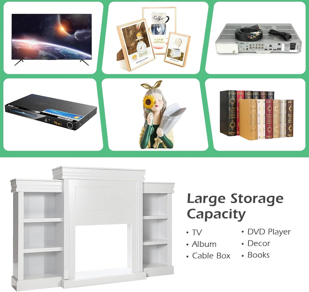 70 Inches Freestanding Mantel Stand, Modern Media Fireplace Cabinet for Living Room Bedroom, Wooden Mantel Console