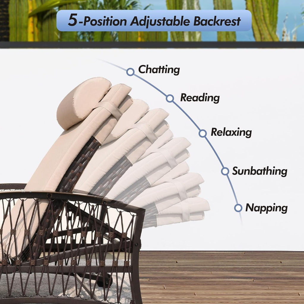 Outdoor Chaise Lounge Set of 2 Outdoor Wicker Rattan Patio Chairs Recliners with 5-Position Backrest & Thickened