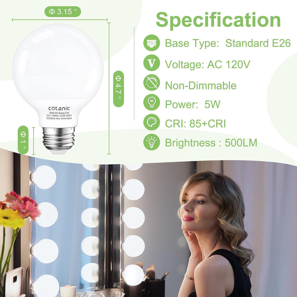G25 LED Globe Light Bulbs, 5W Vanity Light Bulb (60W Equivalent),Daylight 4000K,Non-dimmable Makeup Mirror Lights for Bedroom,Led Bathroom Light Bulbs,E26 Medium Screw Base,500lm,Pack of 4