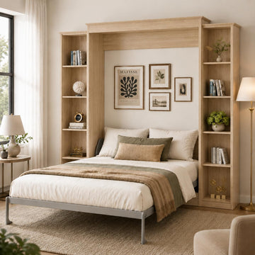 Queen Murphy Bed with 2 Storage Cabinet, Farmhouse Wood Hidden Foldable Wall Bed Frame, Space Saving Beds with