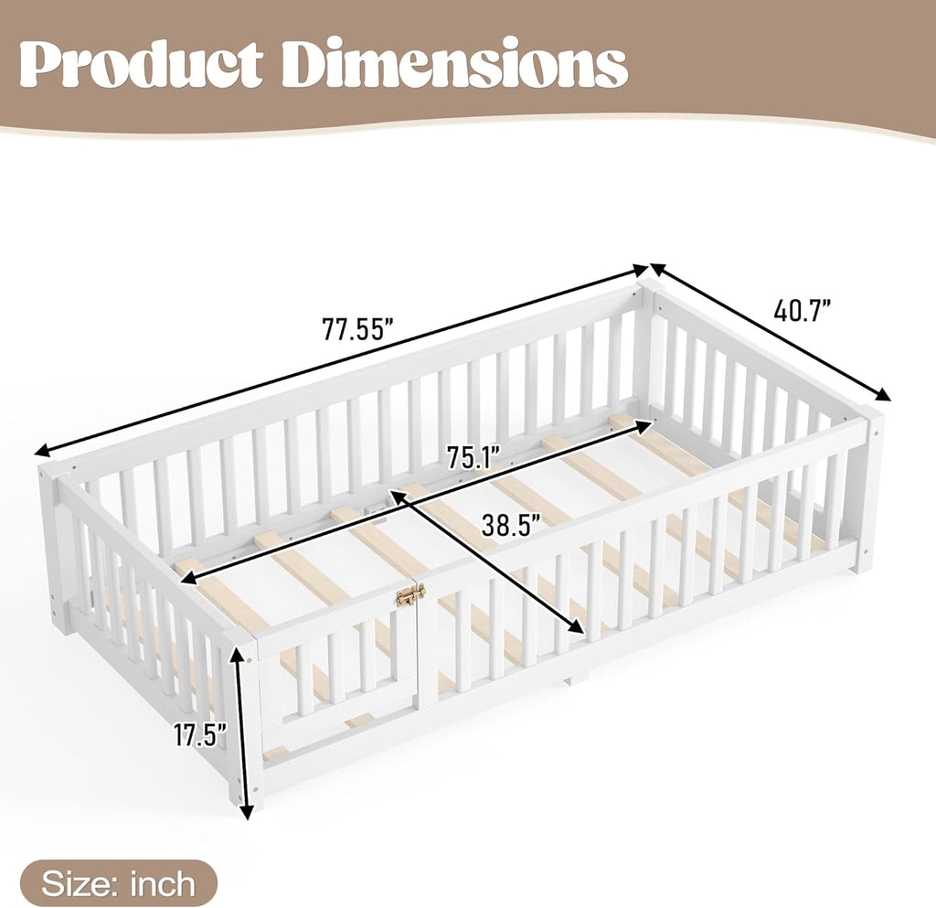 Twin Floor Bed with Slats, Fence and Door, Twin Size Montessori Floor Bed for Kids, Girls, Boys, Easy Assemble