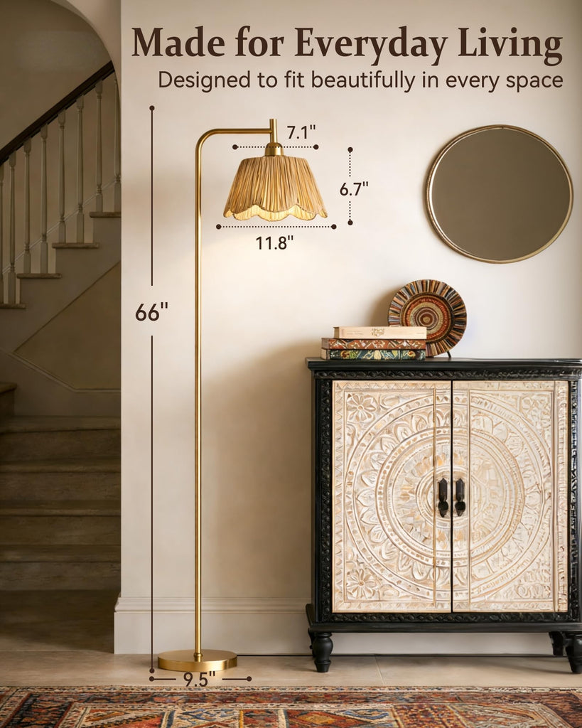 Boho Brushed Gold Floor Lamp with Remote, Flower-Inspired Shade