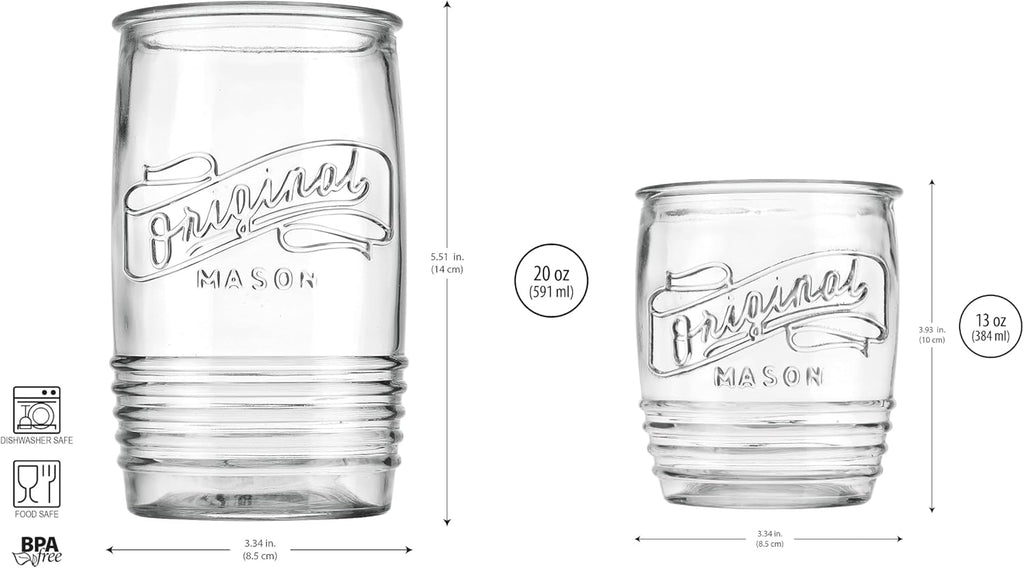 Original Mason Set of 8 Drinking Glasses 4-20 Oz Highball Glasses, and 4-13 Oz Whiskey Glass Cups For Everyday Home