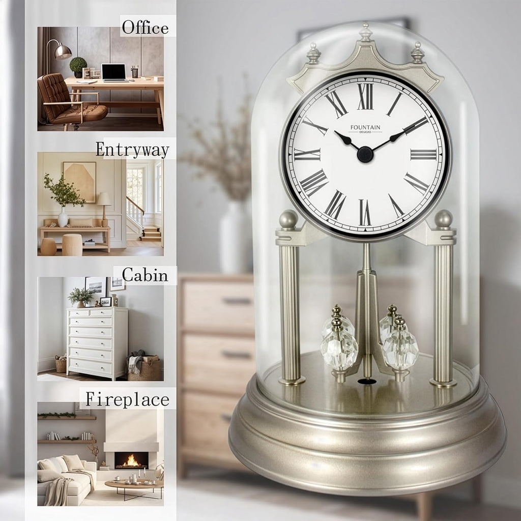 9" Genevieve Mantel Clock with Revolving Pendulum, 50th Anniversary Clock Glass Dome, Wedding Gifts