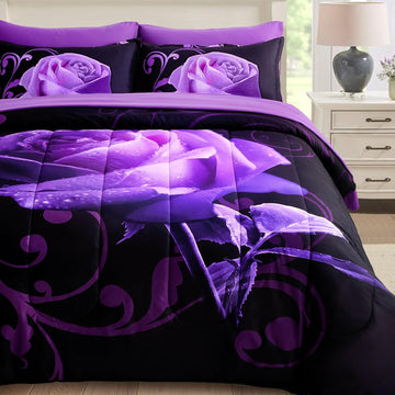 Purple Comforter Set, Reversible Purple Rose 7 Pieces Bed in a Bag