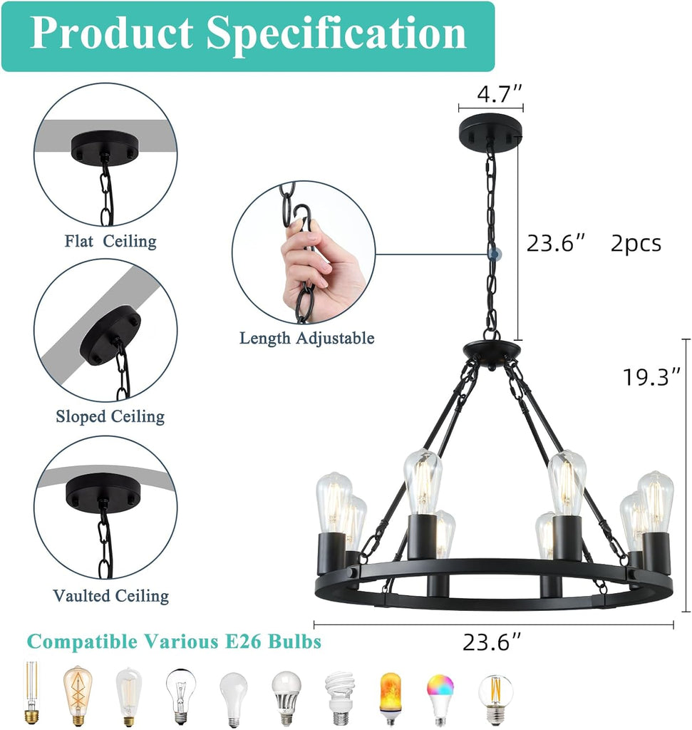 Inspired Camino Style Chandelier - 8 Lights Wagon Wheel Chandelier, Black Kitchen Island Lighting Fixture Round Metal Industrial Farmhouse Dining Room Pendant Light for Living Room Foyer Entryway,E26 Socket, 23.6". Height Adjustable