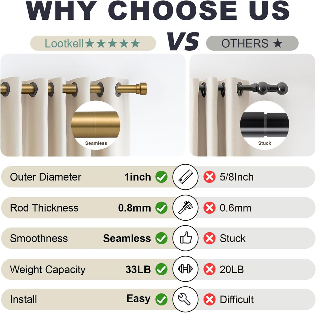 Warm Gold Curtain Rods for Windows Adjustable Length Heavy Duty 1" Diameter Brass Bronze Long Window