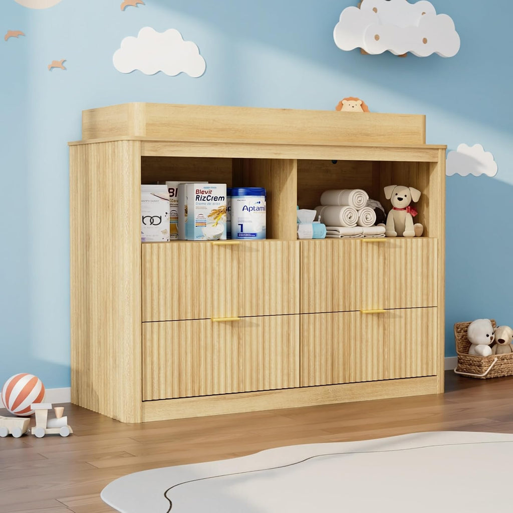 Changing Table Dresser, 4 Large Drawers Wood Baby Nursery Dresser with Raised and Detachable Changing Table Top