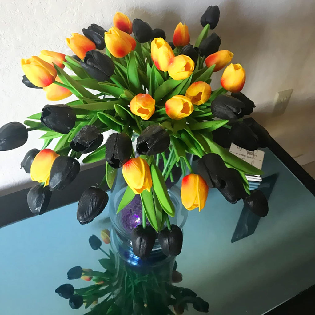 24 Pcs Black Flowers Tulip Artificial Flowers Real Touch PU Tulip Flowers Decorations Centerpieces Arrangement
