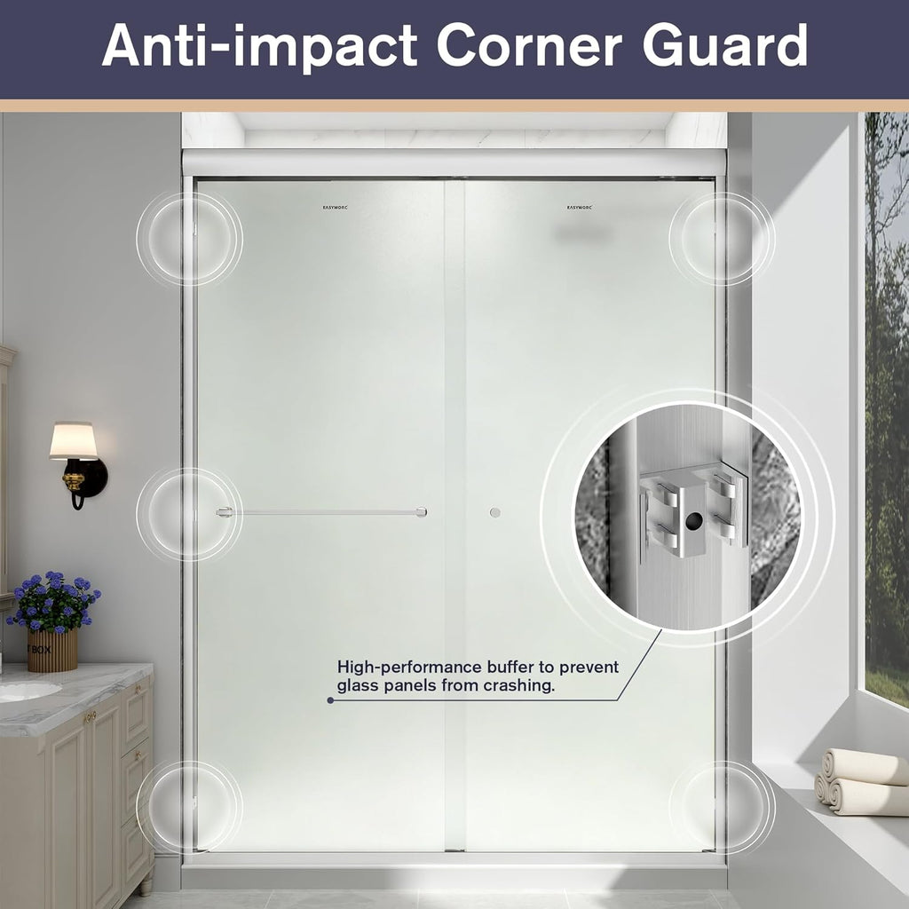 Double Sliding Shower Door, 55"-60" W x 70" H Semi-Frameless Frosted Shower Door