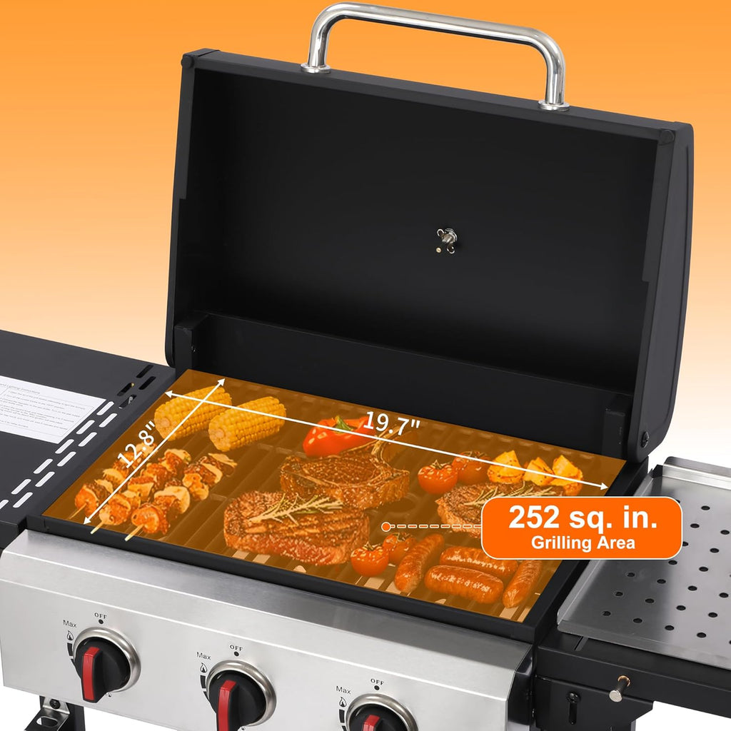 3-Burner Propane Gas Grill, 30,000 BTU BBQ Grill with Cast Iron Grates and Grease Management System