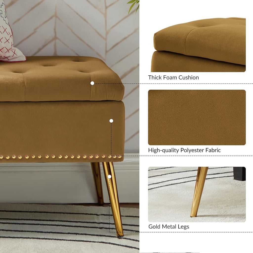 45.5" Luxury Velvet Storage Ottoman Bench with Button Tufted & Nailhead Trim, Upholstered Entryway Benches with Gold