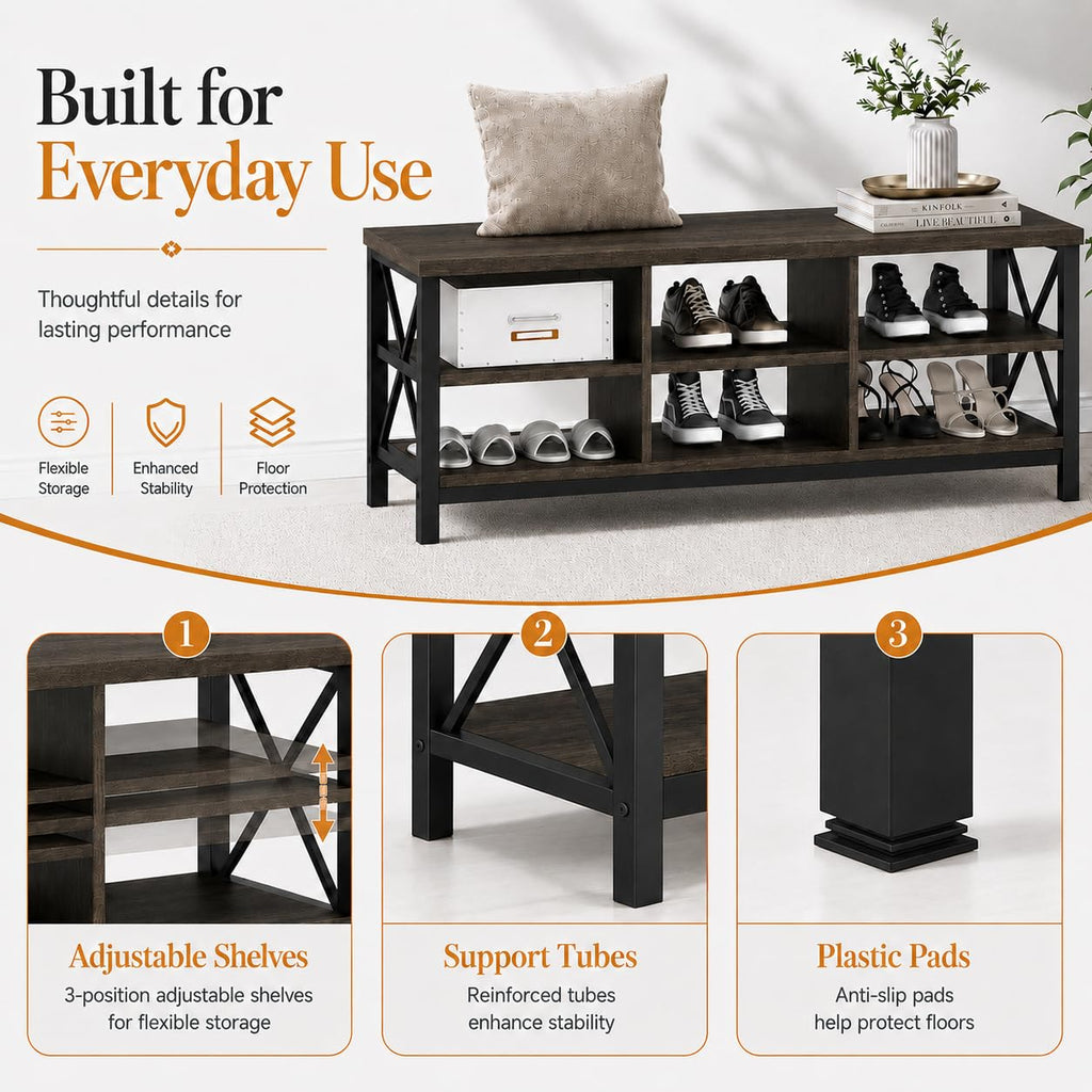 Industrial Shoe Bench with Storage, Rustic Entryway Bench