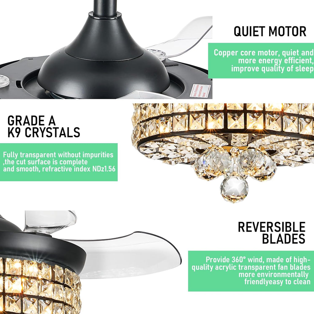 30" RGB Crystal Ceiling Fan with Light, Retractable Modern Chandelier Fan 6 Speeds Reversible Blades Black