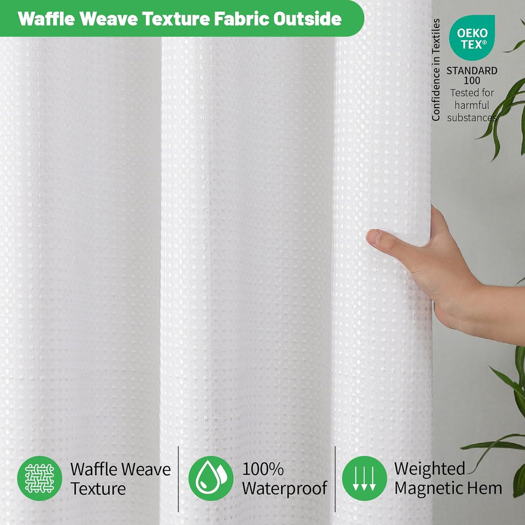 No Hook Waffle Shower Curtain, No Liner Needed, 71x74 Inch, White | 100% waterproof TPU-laminated backing, magnetic