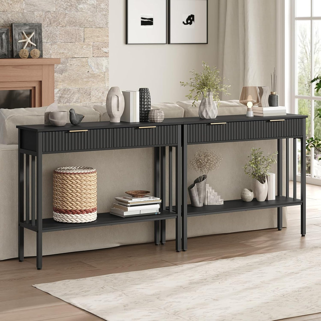 39.4" Console Table with 2 Drawers, Narrow Long Entry Table with Storage Shelf, 2-Tier Fluted Entryway Table with 2