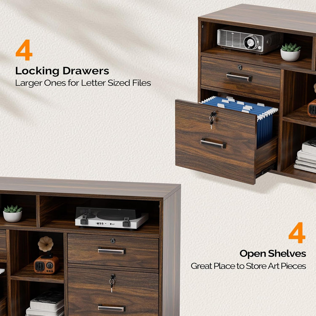 Dark Brown Wood Lateral File Cabinet with Lock, 4 Drawer & 4 Open Shelves, Rolling File Cabinet , Letter Sized