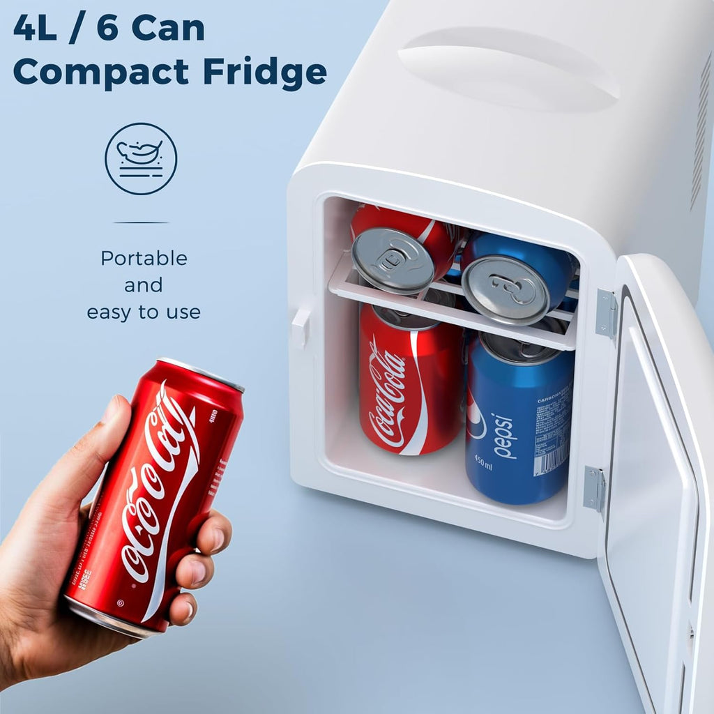 Compact Refrigerator, Portable Mini Fridge, Skin Care 4L Capacity/6 Cans, for Bedroom, Car, Office & Dorm, Small