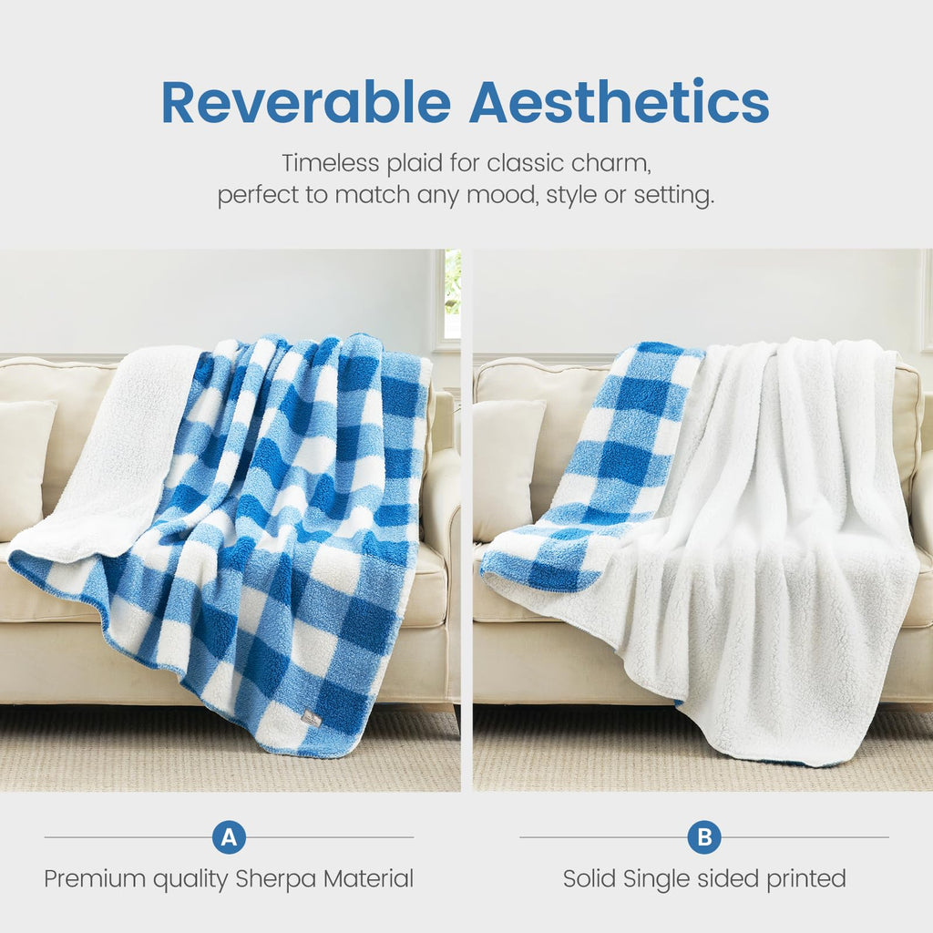 Bliss Luxury Sherpa Throw Blanket for Couch, Premium Reversible Buffalo Plaid Thick Throw, Warm Cozy Soft Blanket and