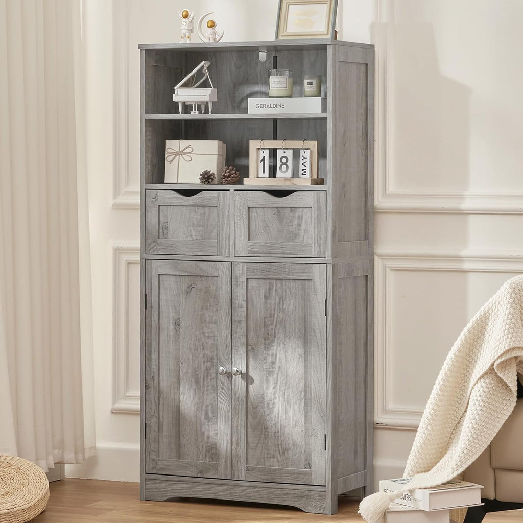 Storage Cabinet with 2 Drawers & Adjustable Shelf, Tall Bathroom Cabinet with Doors, Cupboard, Kitchen Cabinets , Grey