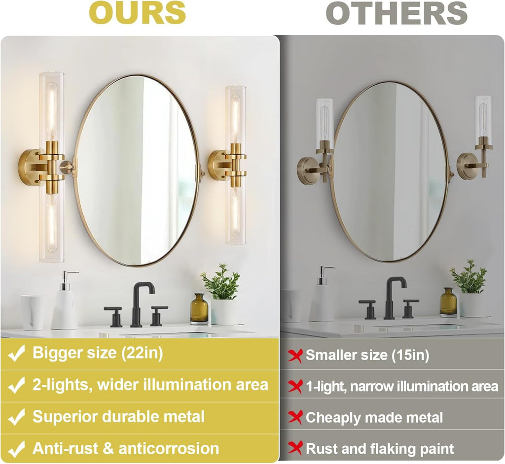 Wall Sconces Set of Two, Hardwired Brushed Gold Bathroom Sconces Wall Lighting with Clear Glass, Modern Sconces Wall