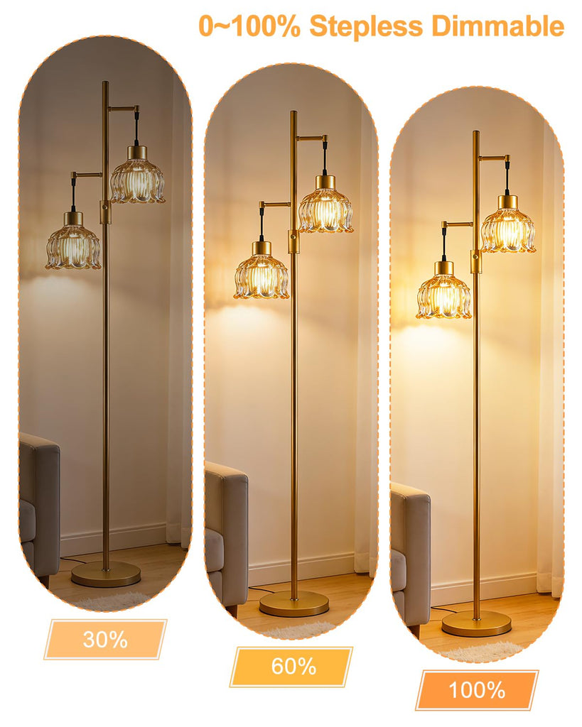 Amber Flower Glass Floor Lamp 2-Light Dimmable Gold Tall Lamps