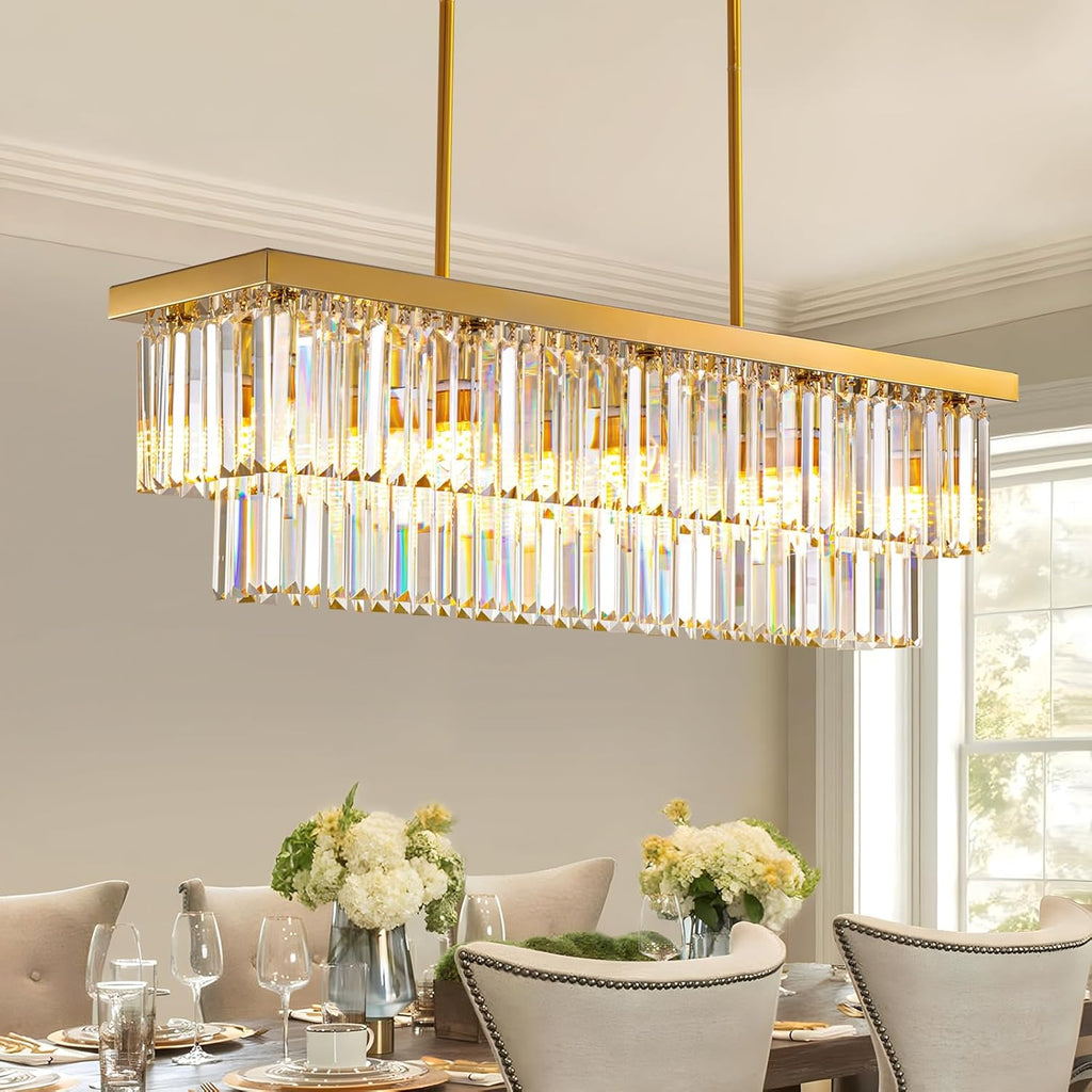 10 Lights Modern Crystal Chandelier Gold Rectangular 2 Tiers Crystal Raindrop Chandelier Luxury Adjustable Rectangle Flush Mount Pendant Ceiling Light for Dining Room Kitchen Island Bar L40'' A107-B0BZJ42JMH