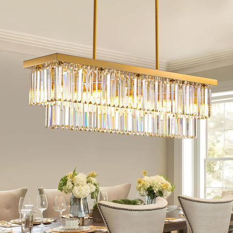 10 Lights Modern Crystal Chandelier Gold Rectangular 2 Tiers Crystal Raindrop Chandelier Luxury Adjustable Rectangle Flush Mount Pendant Ceiling Light for Dining Room Kitchen Island Bar L40'' A107-B0BZJ42JMH