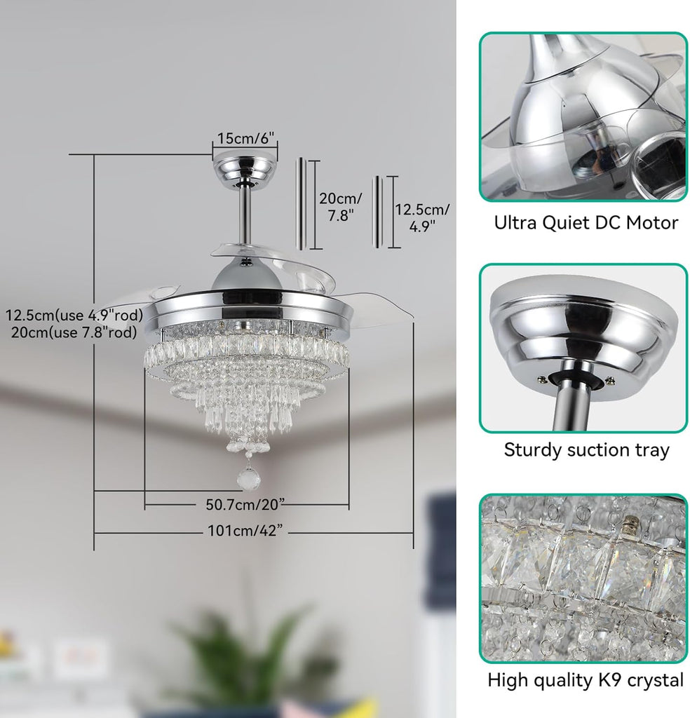 42" Modern Crystal Chandelier Ceiling Fan with Light & Remote,Dimmable LED Fandelier ,3 Color Temperatures,6 Speeds