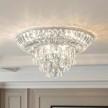 20" Modern Crystal Flush Mount Ceiling Light, 12-Light Tiered Chandelier with Chrome Frame & Rectangular Prism