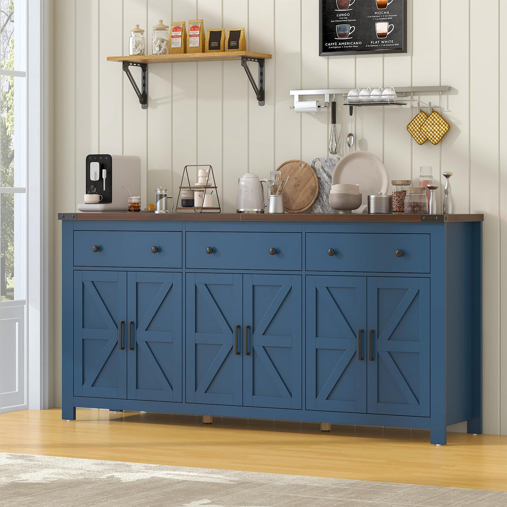 71" Large Sideboard Buffet Cabinet with Storage, Modern Farmhouse Coffee Bar with 3 Drawers and 6 Barn Doors, Dining