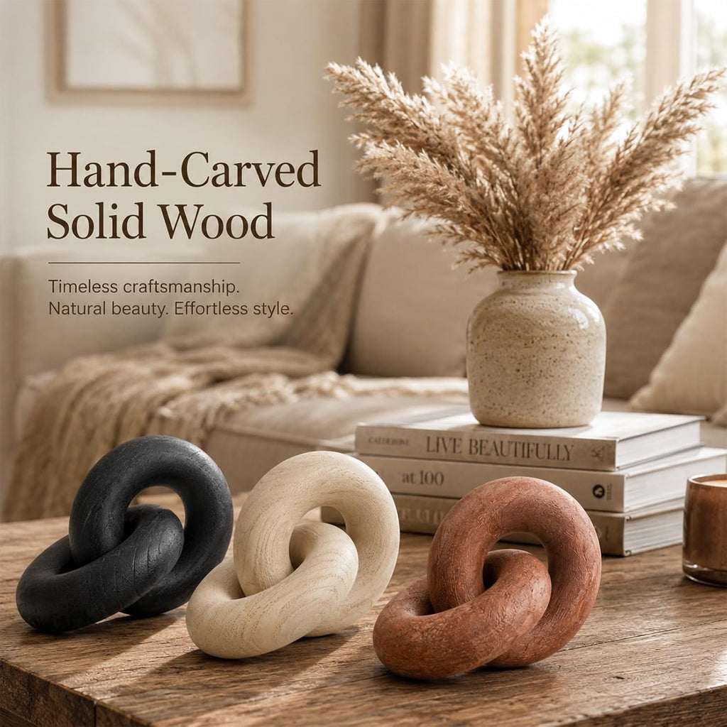 3 Pcs Wood Knot Decor, Chain Link Decor, Rustic Home Décor Accents for Coffee Table, Modern Farmhouse Decorative