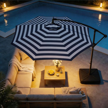 10ft Solar LED Cantilever Patio Umbrella with Base Included, Premium 220GSM Solution-Dyed Fabric