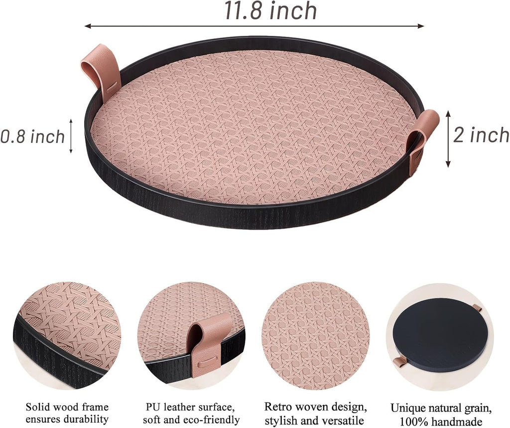 12 Inch Round Ottoman Tray, Woven Leather Serving Platter with Handles, Decorative Tray for Coffee Table Centerpiece