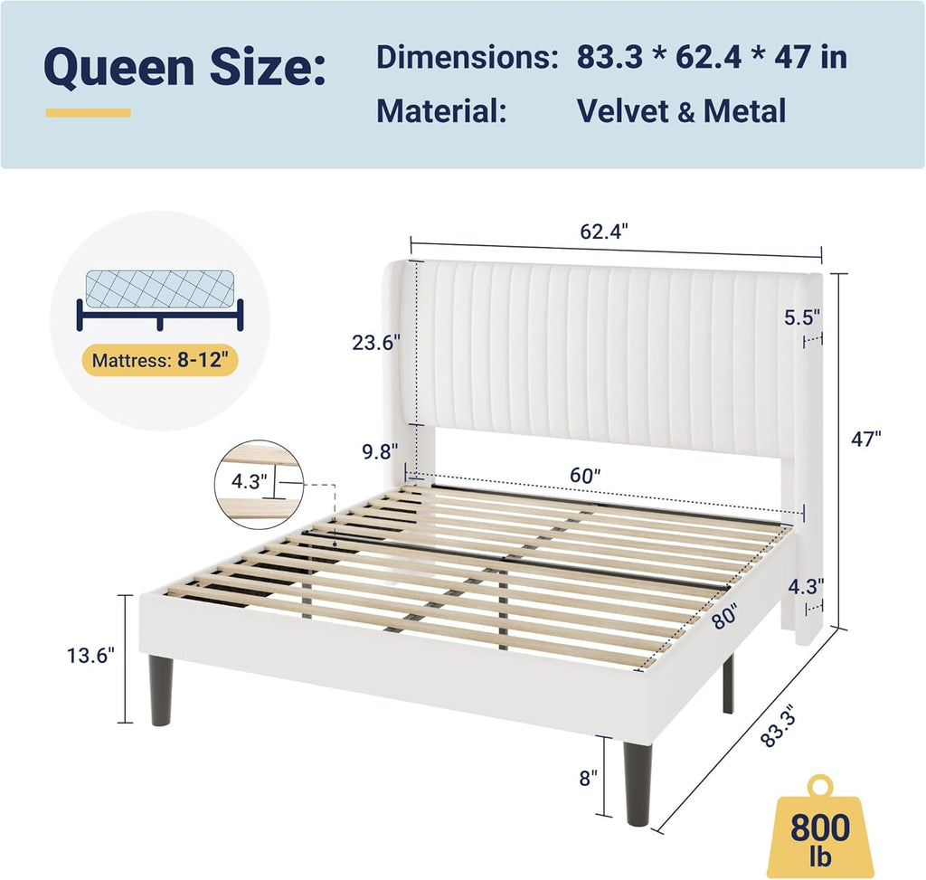 Queen Velvet Bed Frame/Vertical Channel Tufted Wingback Headboard/Upholstered Platform Bed/Strong Wooden Slats/No Box
