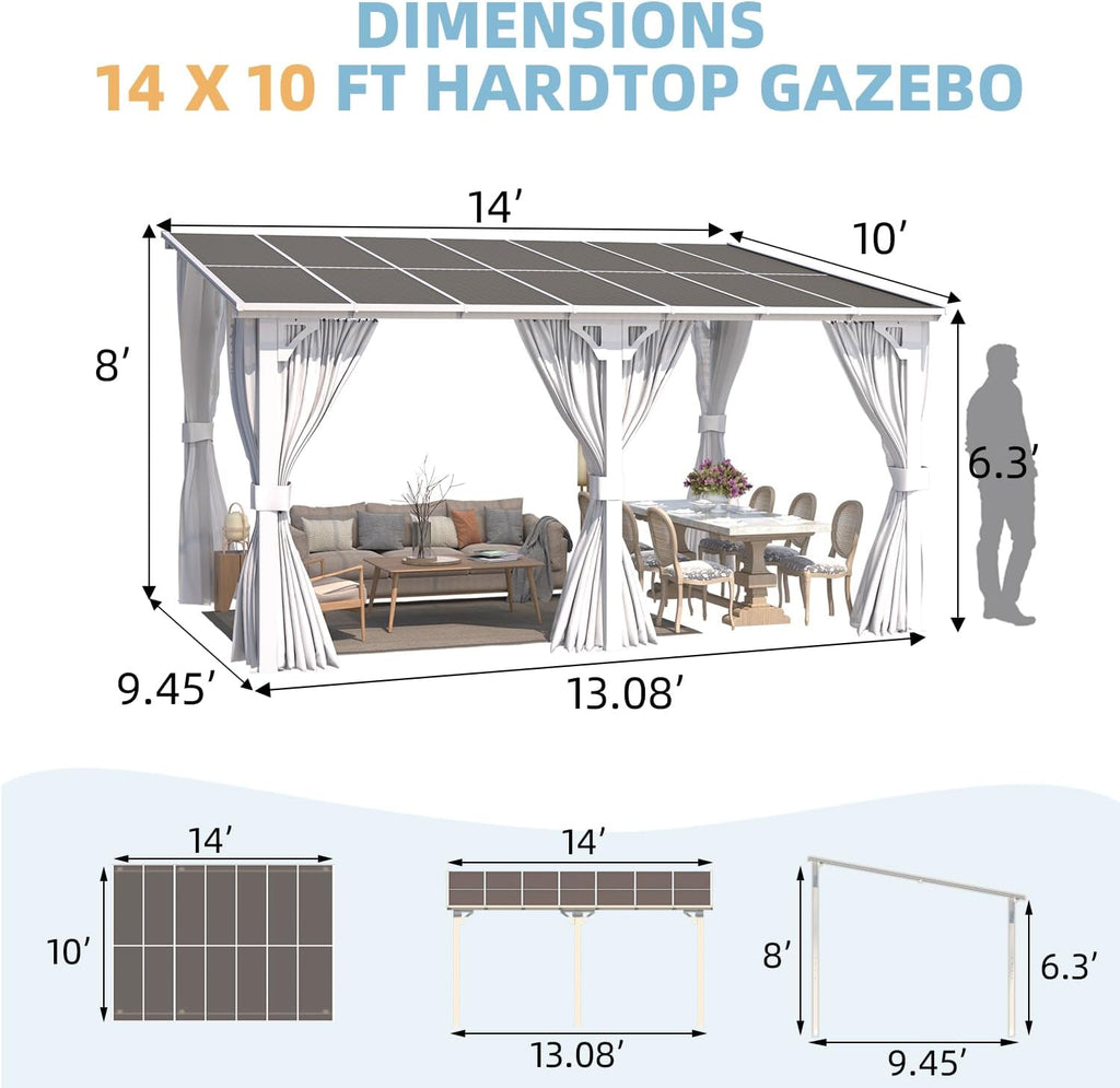 14'x10' Outdoor Lean to Gazebo with Curtains and Mosquito Netting for Patio