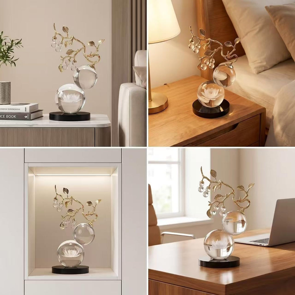 Clear Glass Sculpture, Handmade Gold Metal Branch Decorative Statue | Minimalist Desk Sculpture Decor, Tabletop
